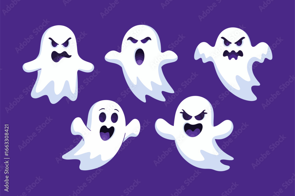 Obraz premium Cute ghosts on purple, six smiling spirits, playful Halloween mood, vector illustration, kids design
