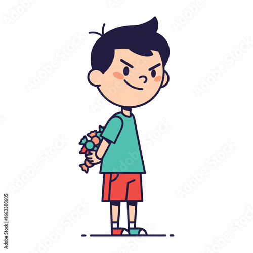 Mischievous Kid with Candy: A playful cartoon illustration of a mischievous kid secretly holding a bouquet of candy behind his back, capturing a moment of childlike fun and playful deception.