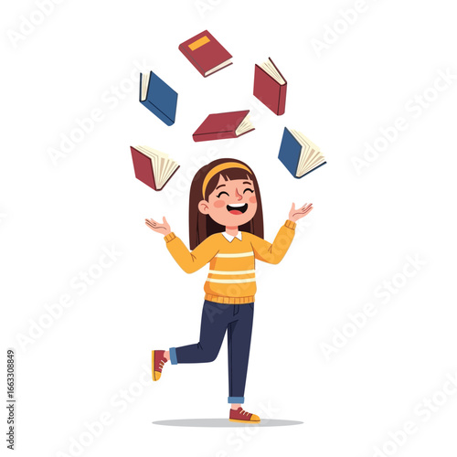 Playful Book Juggler: A young girl joyfully juggles books, her infectious enthusiasm showcasing the wonder and delight found within the pages.