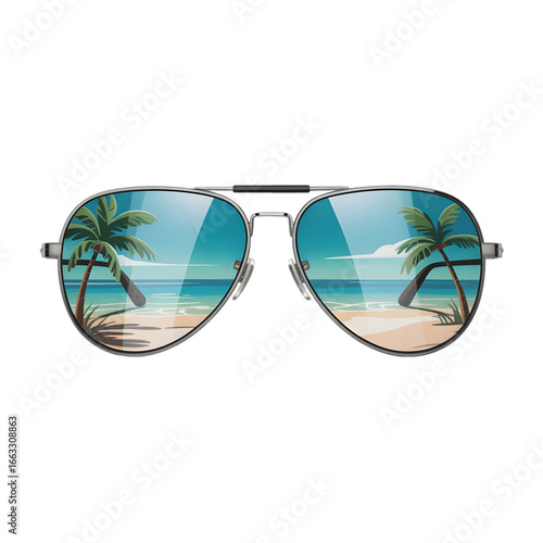 Dreamy beach getaway reflected in modern aviator sunglasses, envisioning paradise and ultimate relaxation