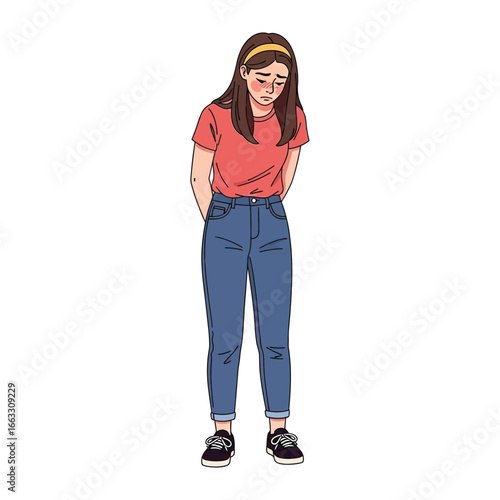 Isolated Regret: A full-body illustration of a young person embodying deep sorrow. The figure, styled in casual apparel, stands in a vulnerable pose, with eyes downcast and a downhearted demeanor.