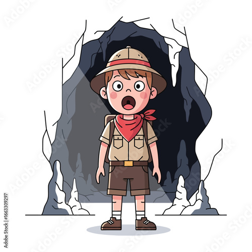 Awe-Struck Explorer: A young explorer stands at the mouth of a dark, mysterious cave, eyes wide with wonder and amazement. A true sense of discovery and curiosity captured 