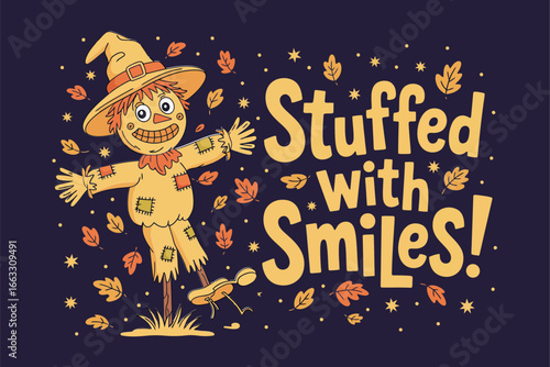 Scarecrow pumpkin hat stuffed with smiles autumn harvest Halloween greeting cute cartoon clipart vector