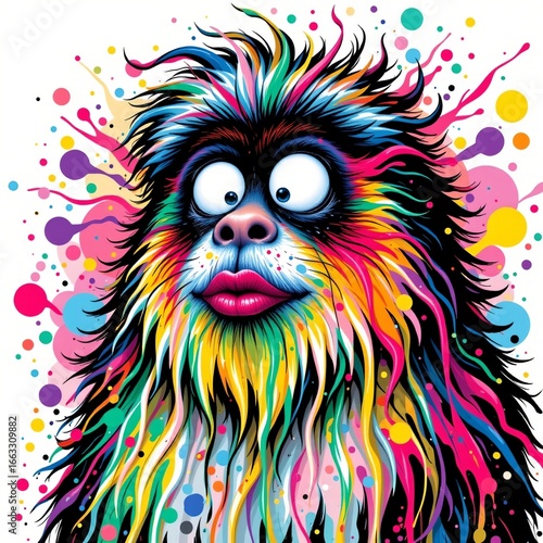 a delightful yeti blowing a kiss, rendered in a colorful comic style with ink splatter on white background.
