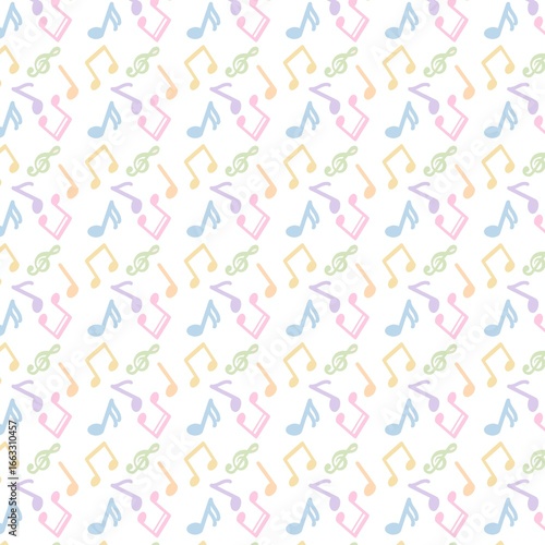 seamless pattern witSeamless music note pattern in gelato days pastel color palette on white backround. Cute and playful design featuring musical symbols and notes with soft pastel tones