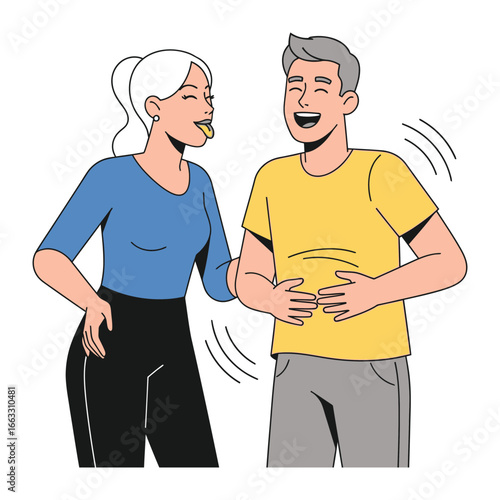 Shared Laughter: An illustration of a couple sharing a lighthearted moment, the woman playfully sticking her tongue out at the man, who bursts with genuine, joyful laughter. 