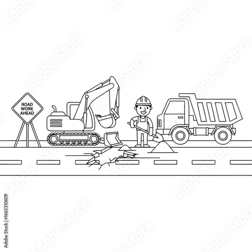 Construction Site Coloring Page with Worker, Excavator, and Dump Truck for a Kids Activity