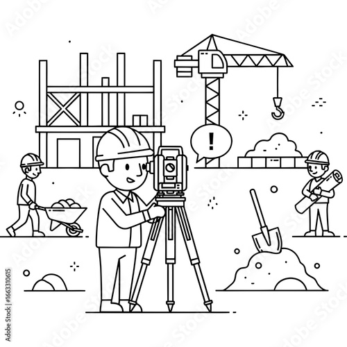 Professional surveyor operating a land measurement instrument at an active building construction project with busy workers and heavy equipment