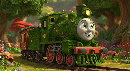 A charming animated train, adorned with lush greenery, chugs merrily along a track winding through an enchanted forest filled with whimsical flora and fairytale trees on its adventure