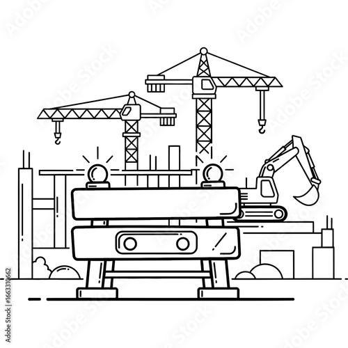 Construction Site with Cranes and Excavator Illustration