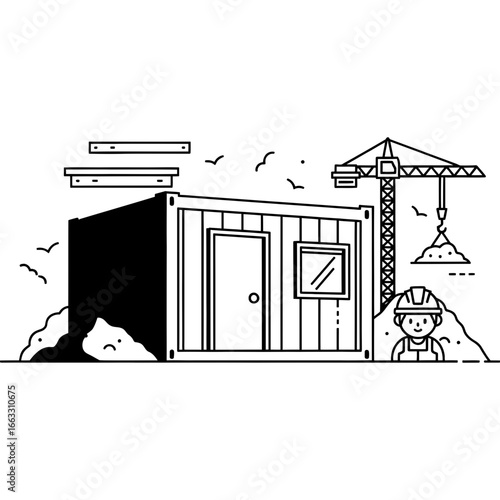 Line art illustration of a construction site with a portable container office, an operating crane, and a diligent worker, symbolizing on-site development and efficient temporary facilities