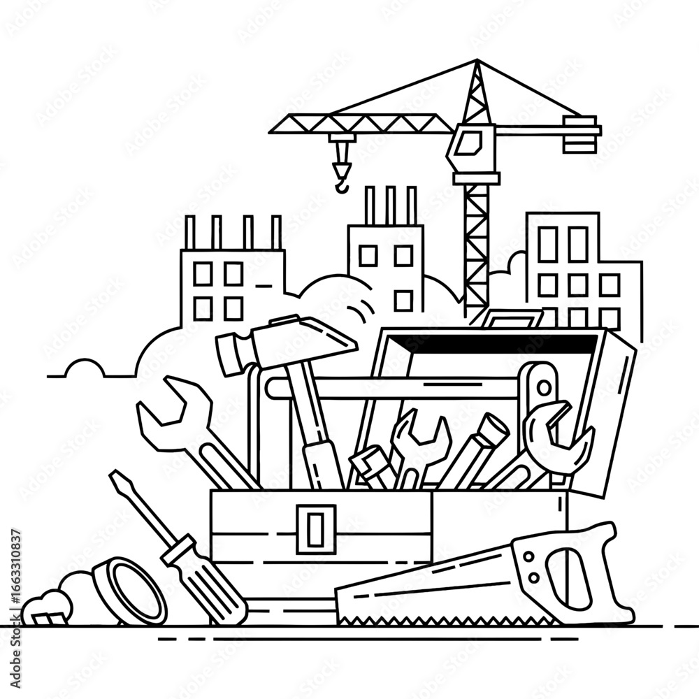 Fototapeta premium Essential construction and repair tools within a classic toolbox, positioned against a background of urban development with buildings and a crane