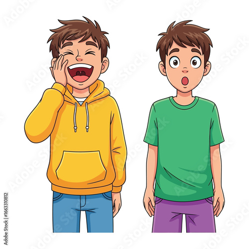 A Pair of Playful Emotions: An engaging illustration showcasing two children, one bursting with laughter, the other struck with astonishment, each reflecting a unique emotional state.