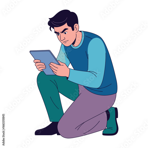 Intense Focus with Tablet: A determined individual is deeply engrossed in his digital tablet, showcasing intense concentration. His posture and gaze reflect a focused effort.