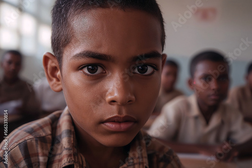Young boy sweating in classroom setting