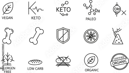 Isolated a Healthy nutrition and dietary restriction food icons in thin linear set. Includes labels for vegan, keto, paleo, allergen free, low carb and certified organic dietary needs. vector art .