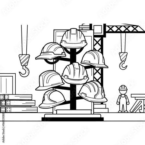 Construction Site Safety Helmets Displayed on Rack with Crane and Worker Illustration