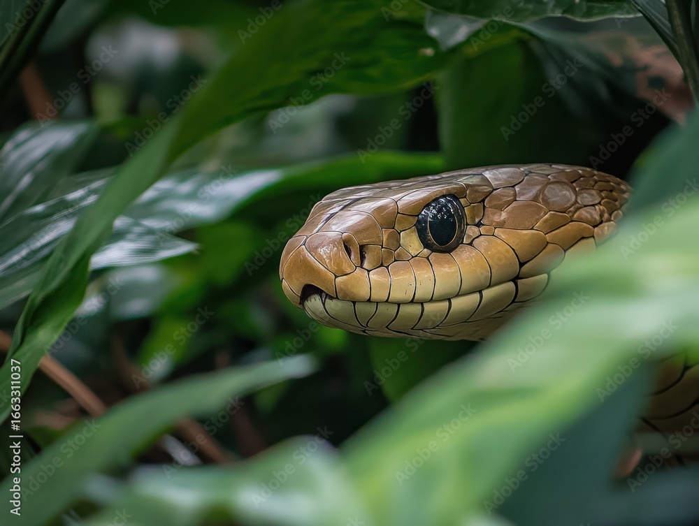 A king cobra moving gracefully through dense foliage, blending into its environment A king cobra moving gracefully through dense foliage, blending into its environment