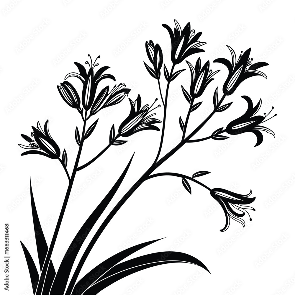 Naklejka premium Black Silhouette of a Cluster of Lily Flowers with Long Leaves on a White Background vector illustration
