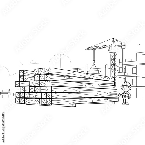 Construction Site Scene with Lumber and Worker Line Art