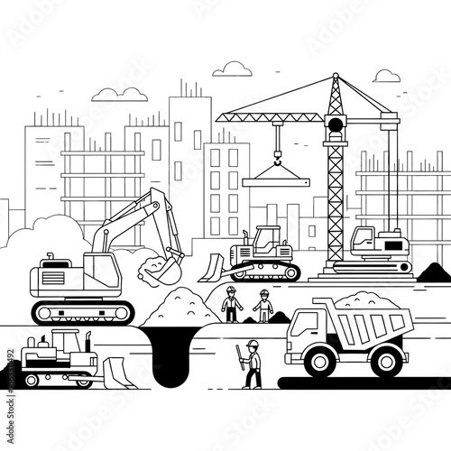 Vector illustration of a busy construction site with heavy machinery and workers in a city landscape