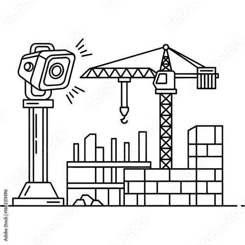 Industrial construction site concept with a tower crane and unfinished building, line art illustration