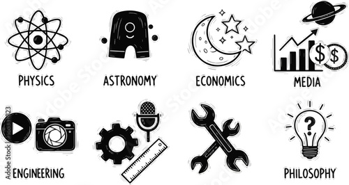 Isolated a Modern school subjects doodle icon set. Cute hand drawn sketch of physics, astronomy, economics, media, engineering, philosophy. cartoon art for educational topics. vector art .