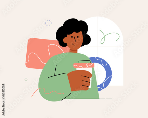 Flat cartoon character illustration holding a coffee cup. Beverage and lifestyle concept.