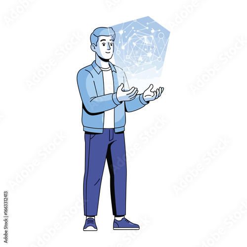 Digital Frontier: A forward-thinking individual interacts with a futuristic digital interface, symbolizing the boundless possibilities of technology and innovation.