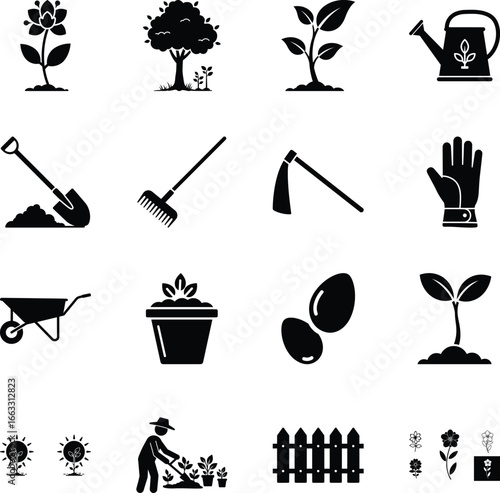 Icon Vector Pack Featuring Tools, Plants, and Nature Elements - Creative Gardening Icons for DIY Projects and Green Spaces