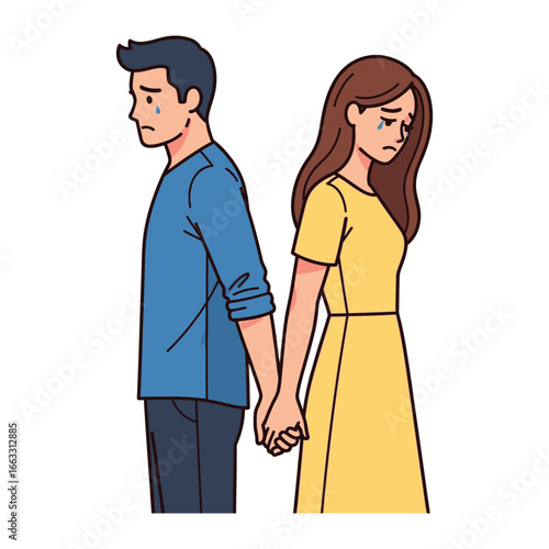 Farewell Embrace: A poignant illustration depicts a man and woman, their figures facing away yet hands clasped together, tear-filled eyes reflecting the silent anguish of separation.