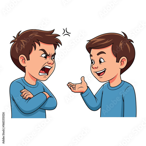 Communication Clash: A dynamic illustration capturing two boys locked in a heated conversation, one radiating anger and the other, the contrast of a calm.