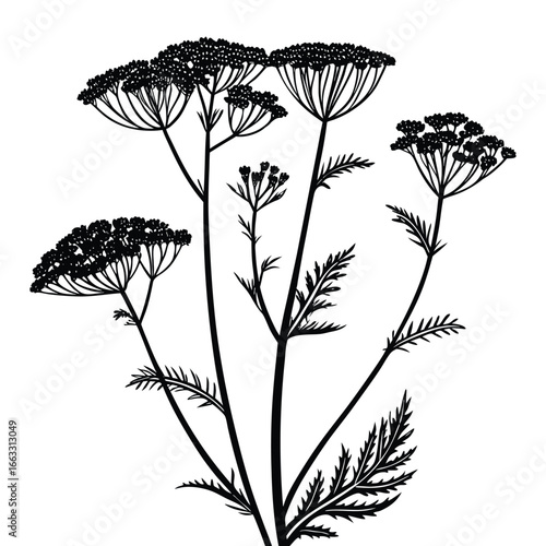 Wallpaper Mural Black Silhouette of a Yarrow Plant with Multiple Flower Umbel Clusters on White Background black and white Torontodigital.ca