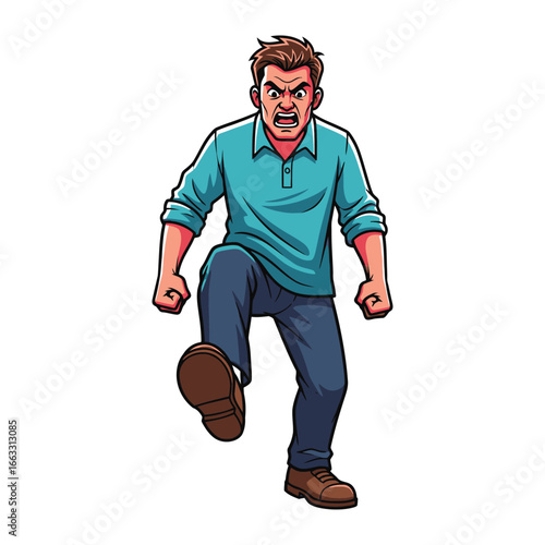 Furious outburst Illustration: An irate man is caught mid-stride as he directs his anger toward an unseen entity.