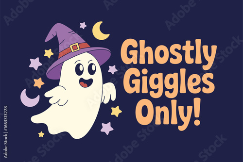 Ghostly giggles only banner, cute ghost with hat, cloud and stars background