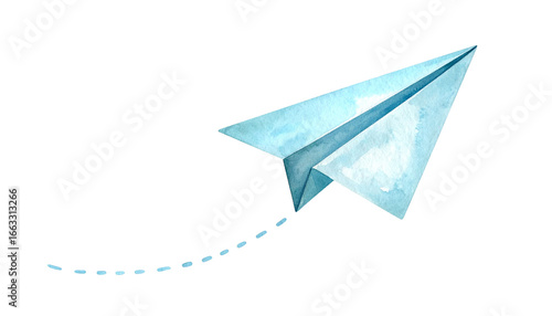 A simple and minimal watercolor illustration of a light blue paper airplane flying diagonally across a plain, transparent background, leaving a dashed line behind it