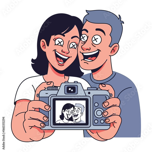 A Moment Captured: A vibrant illustration portrays a couple sharing a moment through a digital camera. Capturing the essence of a shared experience.