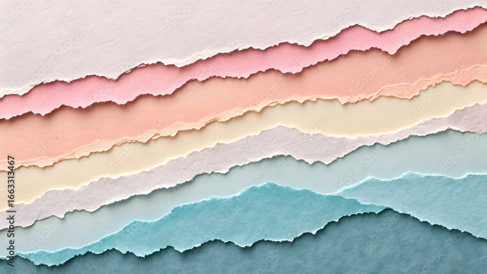 Fototapeta premium Layers of torn paper in pastel shades of pink peach yellow white and blue creating a textured background