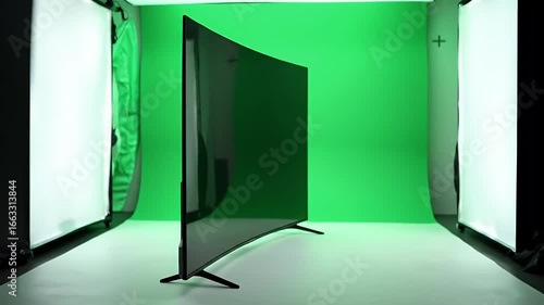 Wallpaper Mural Curved Smart Television on Chroma Key Green Screen in Professional Photography Studio Torontodigital.ca