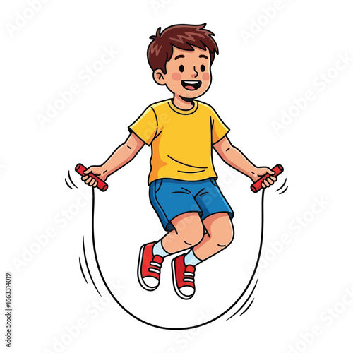 Joyful Skipping: A vibrant illustration captures the essence of childhood play as a cheerful boy leaps while skipping rope, filled with energy and delight.