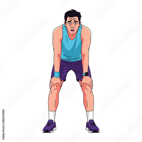 Tired Athlete: An illustration of a fatigued male athlete, hunched over with hands on knees, showcasing the physical exertion and exhaustion after intense physical activity.
