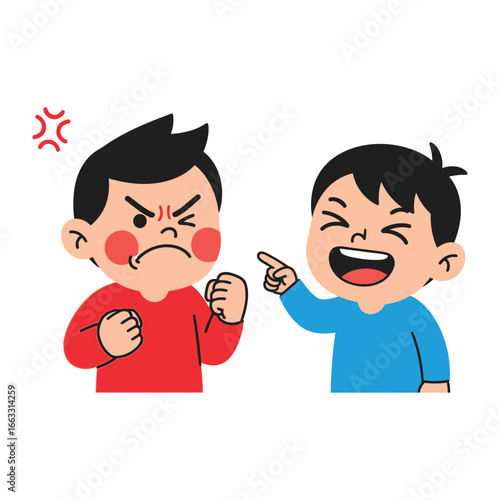 Conflict and Teasing: A vibrant illustration depicts two young boys locked in a moment of discord, with one exhibiting anger and the other, delight through gesture.