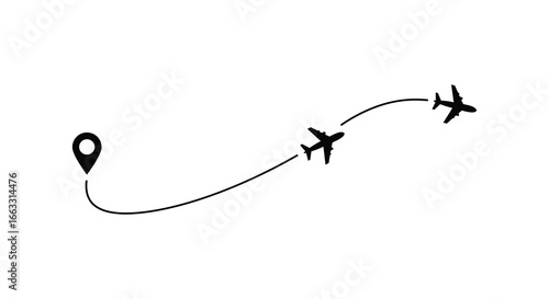 Airplanes flying away from a location marker in a curved path