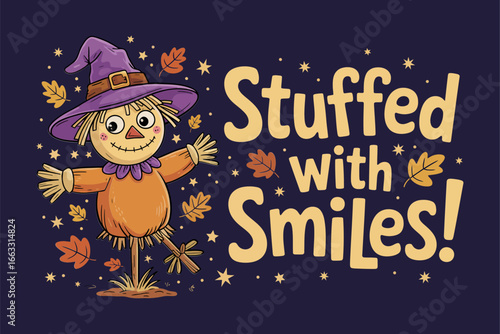 Smiling scarecrow with stars stuffed with smiles Halloween card design cute clipart vector