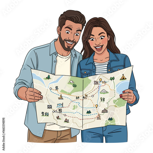 Wanderlust Map: A couple gazes at a map, their eyes wide with adventure, envisioning their next journey or navigating their travel route, ready to discover uncharted territories.