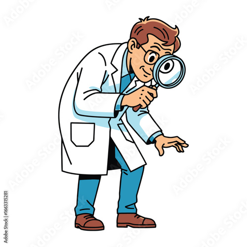 The Analyst: A focused professional scientist intently examines through a magnifying glass, a cartoon representation of an enthusiastic exploration of scientific principles.