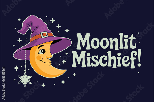 Moonlit mischief design, smiling moon with hat, deep blue sky, sparkles, charming Halloween artwork