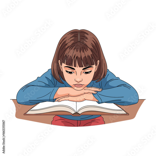 Young Reader in Contemplation: A young girl engrossed in a book, her focused gaze and posture reflecting the quiet world of reading and learning.