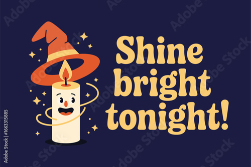 Shine bright tonight, candle with hat, twinkling stars, warm glow, cozy Halloween night vector