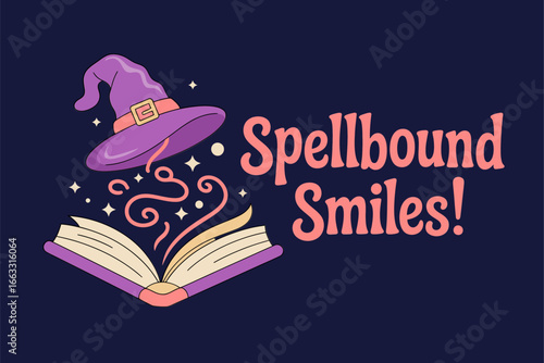 Spellbound smiles typography, magic book with hat, glowing stars, whimsical Halloween clipart vector